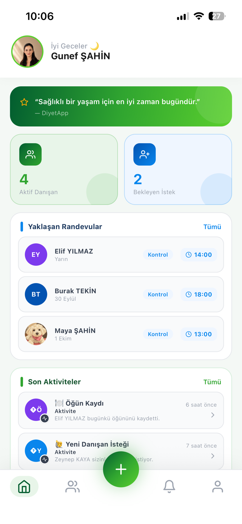 Diyetisyen ana sayfası — aktif danışanlar