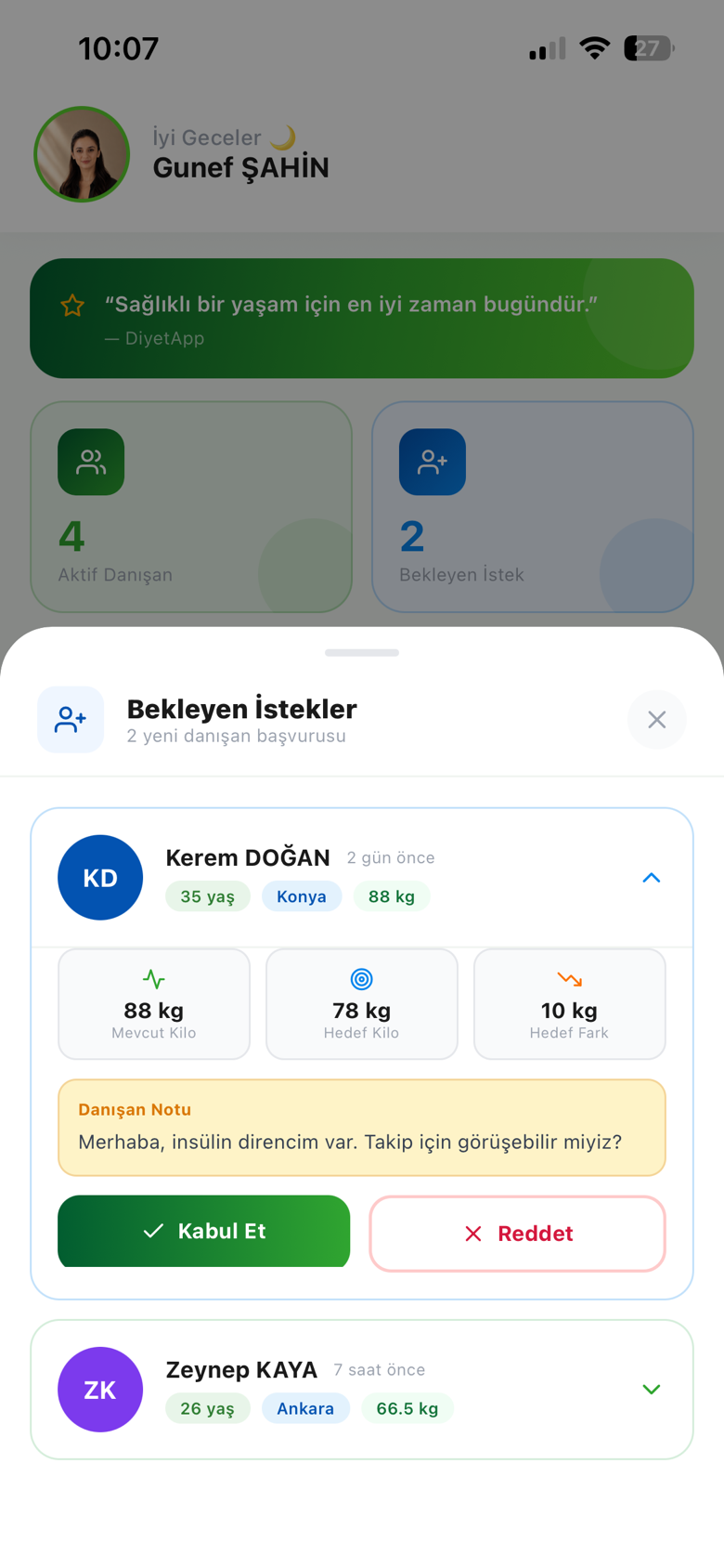 Diyetisyen danışan kabul ekranı